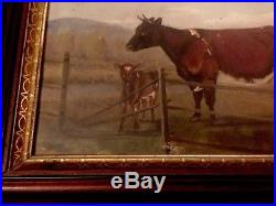 19th C. Antique COUNTRY SCENE COW Primitive LANDSCAPE Folk Art PAINTING Framed