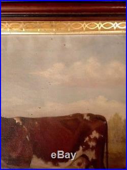 19th C. Antique COUNTRY SCENE COW Primitive LANDSCAPE Folk Art PAINTING Framed