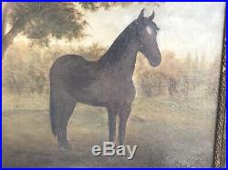 19th C Antique Folk Art Horse / Equine Painting M. E Slayton 1897