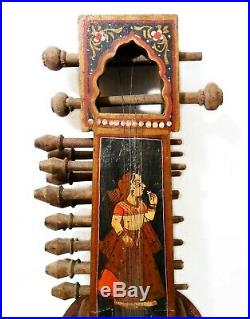 19th C Antique Indian Hand Painted Figurative Folk Art Sarangi String Instrument