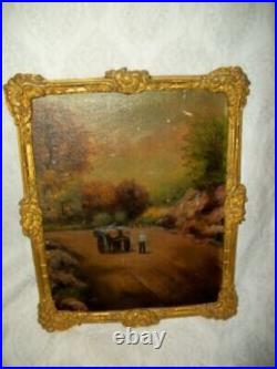 19th C. FOLK ART OIL PAINTING COUNTRY LANDSCAPE ORNATE FRENCH GILT GESSO FRAME