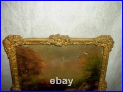 19th C. FOLK ART OIL PAINTING COUNTRY LANDSCAPE ORNATE FRENCH GILT GESSO FRAME
