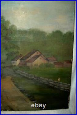 19th C. FRENCH FOLK ART OIL PAINTING STONE FENCE COUNTRY HOME WATER NAIVE