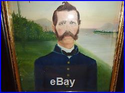 19th. C Folk Art Oil Painting of a Civil War or GAR Soldier, with Flag, Antique