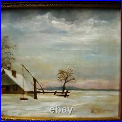 19th C M Parvin American School Winter Landscape Oil Painting Folk Art Signed