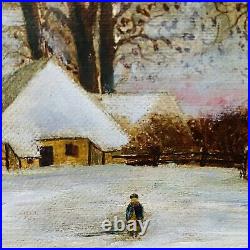 19th C M Parvin American School Winter Landscape Oil Painting Folk Art Signed