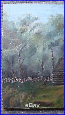 19th C folk art O/C painting, log cabin in the woods, 24 x 17