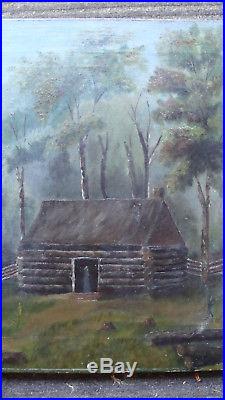 19th C folk art O/C painting, log cabin in the woods, 24 x 17