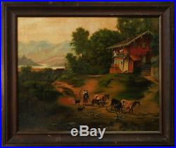 19th Cent. Antique Folk Art Oil Painting Dutch/Germany Village Scene-(23 x 27)