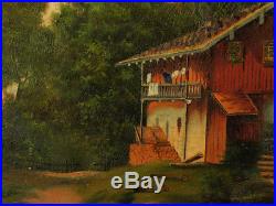 19th Cent. Antique Folk Art Oil Painting Dutch/Germany Village Scene-(23 x 27)