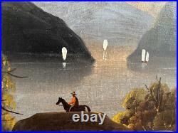 19th Century American Folk Art Oil Painting Landscape Sailboats On River