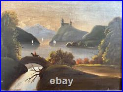 19th Century American Folk Art Oil Painting Landscape Sailboats On River