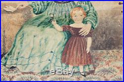 19th Century American Folk Art Watercolor Mother And Daughter 1830 Maine Aafa
