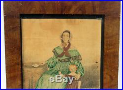 19th Century American Folk Art Watercolor Mother And Daughter 1830 Maine Aafa