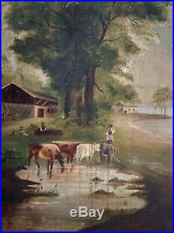 19th Century American Primitive Folk art Cows Dog Farm Scene Landscape Painting