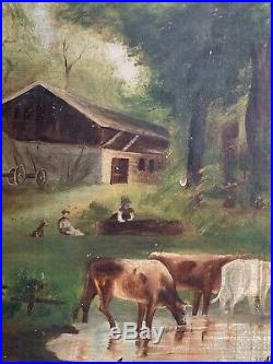 19th Century American Primitive Folk art Cows Dog Farm Scene Landscape Painting