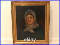 19th Century Antique Portrait Lady Woman Framed Folk Primitive Oil Painting F