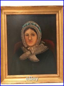 19th Century Antique Portrait Lady Woman Framed Folk Primitive Oil Painting F