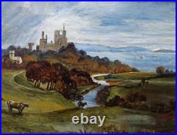 19th Century BRITISH PRIMITIVE CAPRICCIO Landscape Oil Painting DISTANT CASTLE