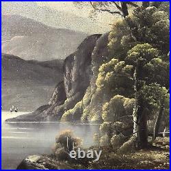 19th Century Folk Art American School Mountainous Seascape with Boats/Figures