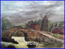 19th Century Folk Art Bridge Windmill Mill Town Dusk Painting Lemon Gold Frame