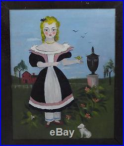 19th Century Naive Folk Art Portrait Painting of a Girl with a Dog, Butterfly