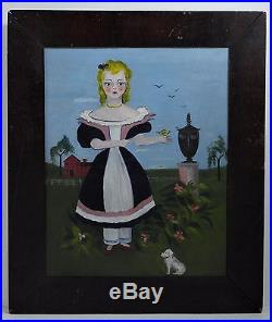 19th Century Naive Folk Art Portrait Painting of a Girl with a Dog, Butterfly