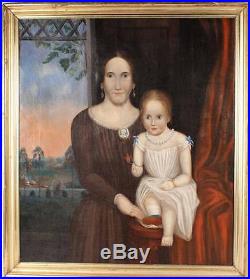 19th Century Portrait Oil Painting of Woman & Child Antique Folk Primitive 1870s