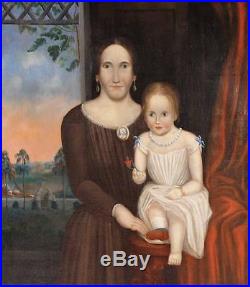 19th Century Portrait Oil Painting of Woman & Child Antique Folk Primitive 1870s