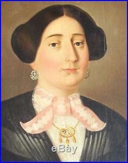 19th Century Primitive Folk Art Italian Oil On Canvas Painting Woman Portrait