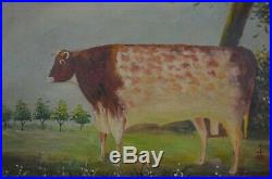 19th Century School Oil Painting On Canvas PRIZE COW Bull Naive Folk Art Signed