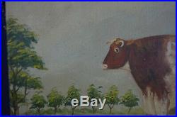 19th Century School Oil Painting On Canvas PRIZE COW Bull Naive Folk Art Signed