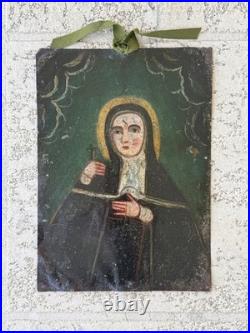 19th Century St Rita of Cascia Oil on Tin Retablo Mexican Folk Art 14x10