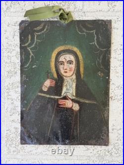 19th Century St Rita of Cascia Oil on Tin Retablo Mexican Folk Art 14x10