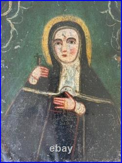 19th Century St Rita of Cascia Oil on Tin Retablo Mexican Folk Art 14x10