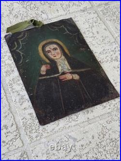 19th Century St Rita of Cascia Oil on Tin Retablo Mexican Folk Art 14x10