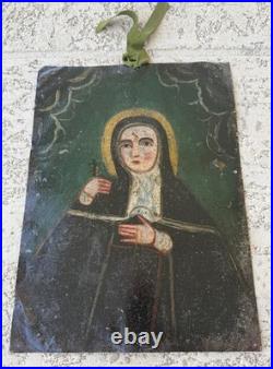 19th Century St Rita of Cascia Oil on Tin Retablo Mexican Folk Art 14x10