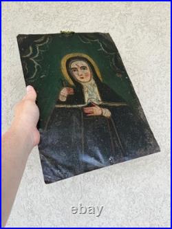 19th Century St Rita of Cascia Oil on Tin Retablo Mexican Folk Art 14x10