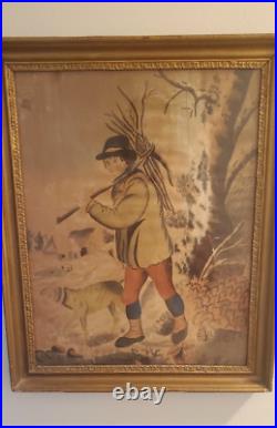19th Century Watercolor Painting Primitive Folk Art Man w Sticks & Dog