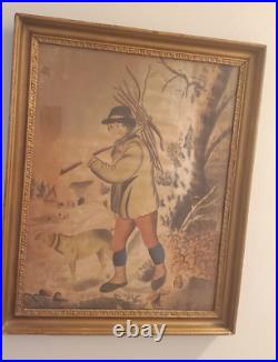 19th Century Watercolor Painting Primitive Folk Art Man w Sticks & Dog