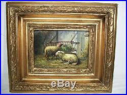 19th c. Antique BARN YARD FOLK ART Old SHEEP PAINTING 11 x 13 Orig. Gold Frame