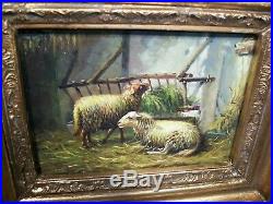 19th c. Antique BARN YARD FOLK ART Old SHEEP PAINTING 11 x 13 Orig. Gold Frame