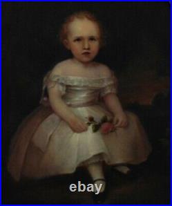 19th c Portrait Painting Child Oil on Board Antique Victorian Folk Art Primitive
