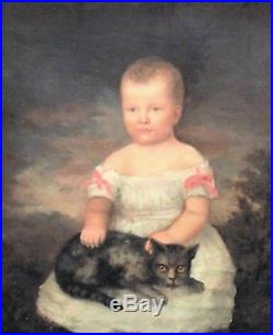 19th c. Portrait Painting of a Child & Cat Oil on Canvas Folk Art Primitive Amer