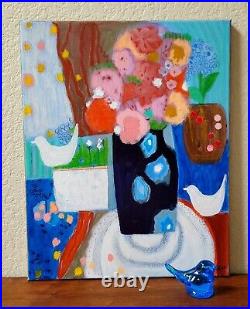 20x16 Painting Original Abstract FLOWERS FOLK Still Life FLORAL POP ART OOAK