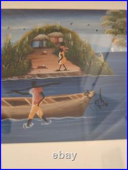 23X18 Framed signed framed original Haitian folk art painting coastal village