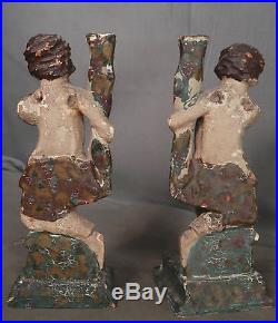 2 Antique Italian Provincial Carved Painted Gilt Wood Putti Angels Folk Art PAIR