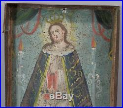 2 Antique Mexican Spanish Colonial Folk Art Tin Icon Paintings, Madonna & Child