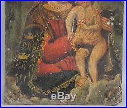 2 Antique Mexican Spanish Colonial Folk Art Tin Icon Paintings, Madonna & Child