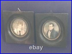 2 Antique Miniature Folkart Portrait Painting Framed Husband And Wife Couple